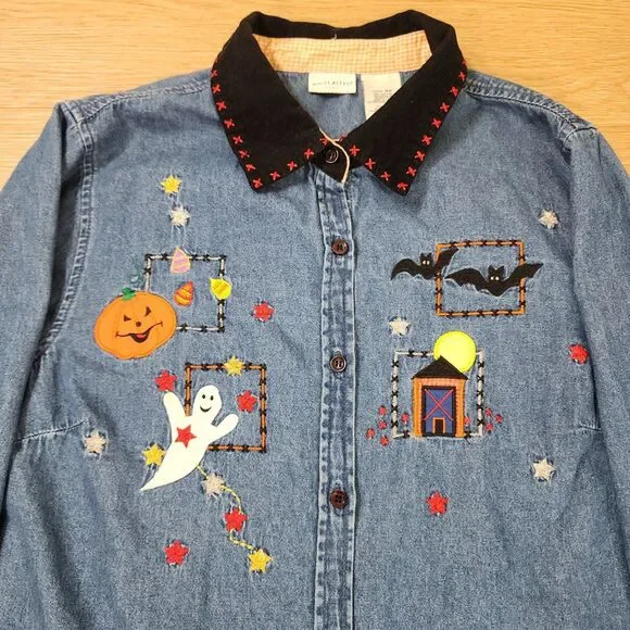 White Stag Denim Shirt Embroidered Fall Pumpkin Corduroy Collar 16W Plus Jean - Picture 10 of 11